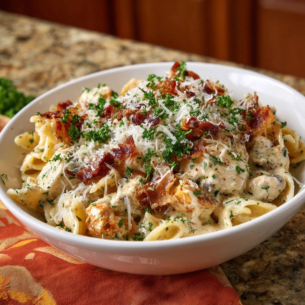 Cremige Rigatoni mit würzigen Fleischstücken und knusprigem Bacon, garniert mit frischer Petersilie und Parmesan.