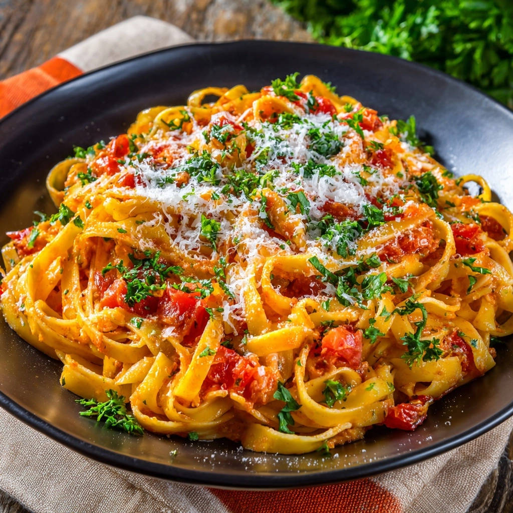 Cremige Sonnen-Tomaten Pasta garniert mit frischer Petersilie und geriebenem Parmesan, serviert auf einem schwarzen Teller.