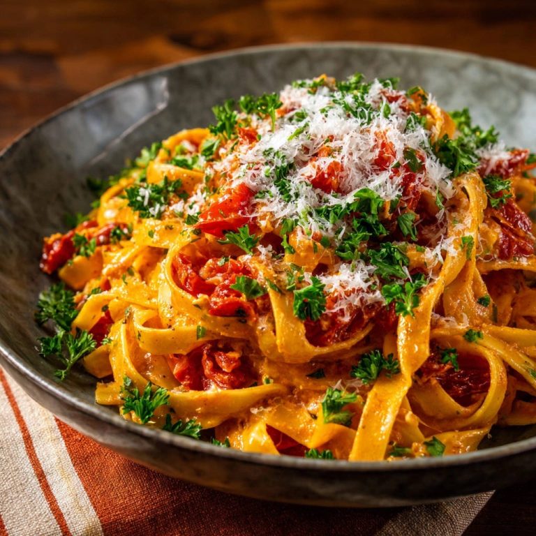 Cremige Sonnen-Tomaten Pasta als Nahaufnahme, reichlich mit frischer Petersilie und geriebenem Parmesan garniert.