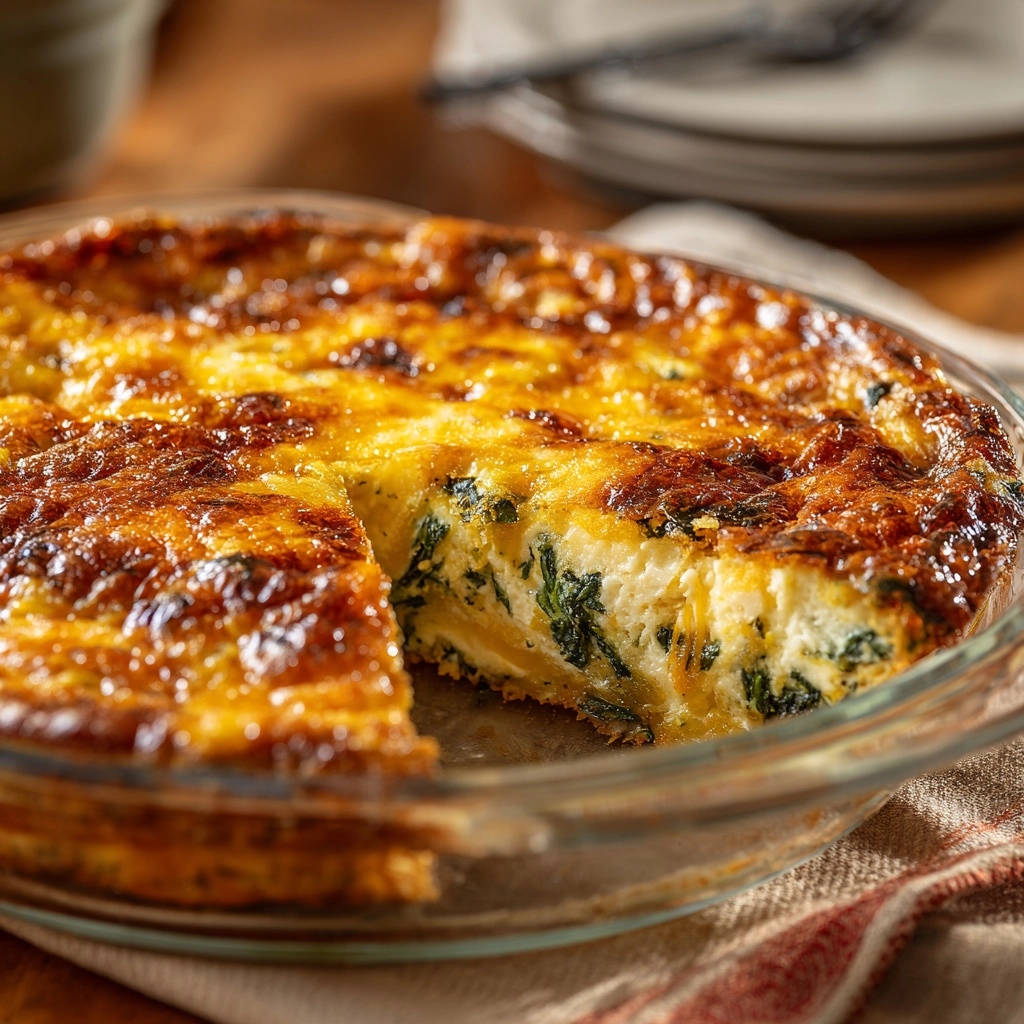 Cremige Spinat-Feta-Quiche angeschnitten, die innen mit Spinat und Käse gefüllt ist.