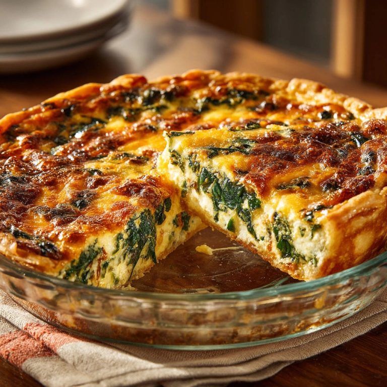 Cremige Spinat-Feta-Quiche angeschnitten, die zeigt, wie knusprig der Boden ist und wie reichhaltig die Füllung.