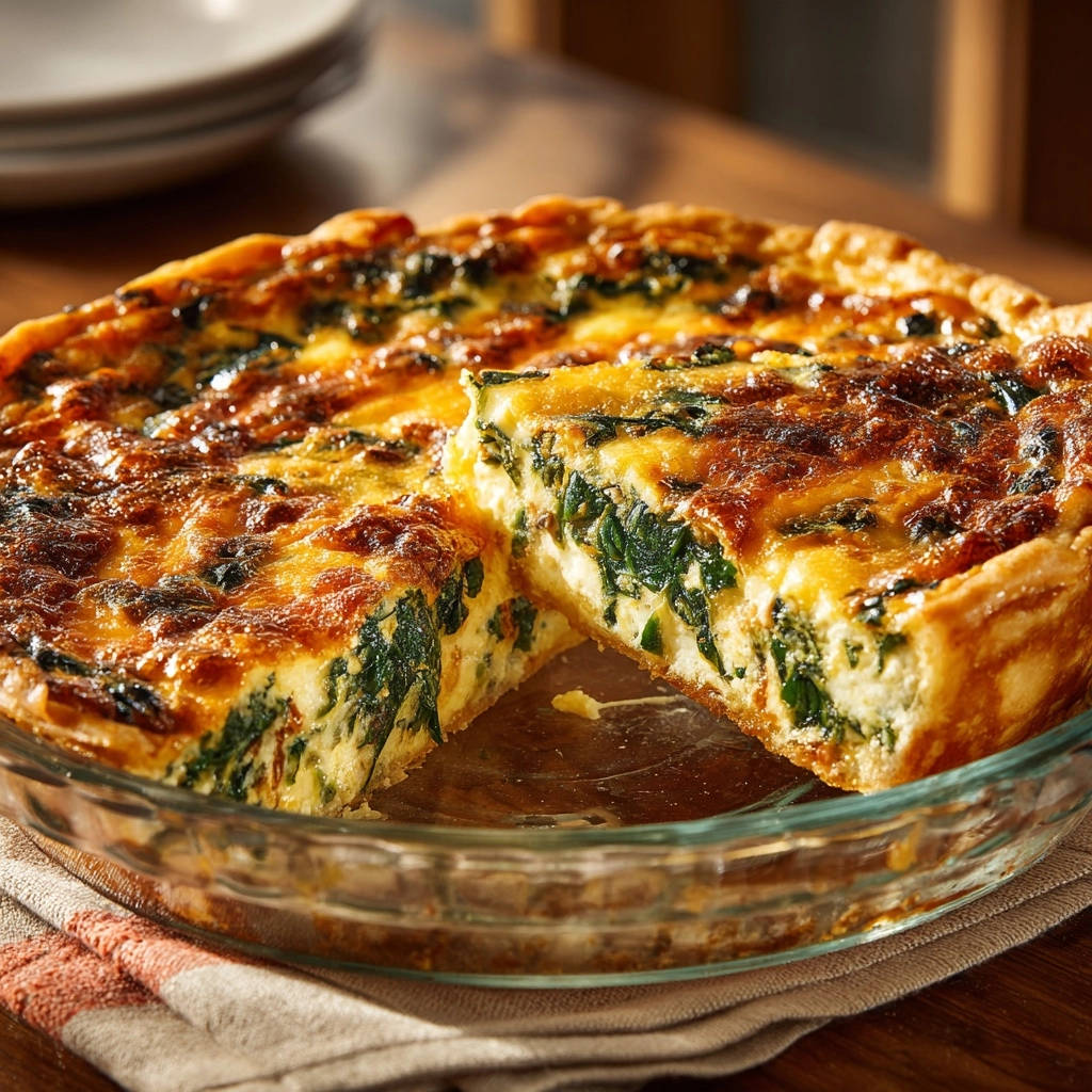 Cremige Spinat-Feta-Quiche angeschnitten, die zeigt, wie knusprig der Boden ist und wie reichhaltig die Füllung.