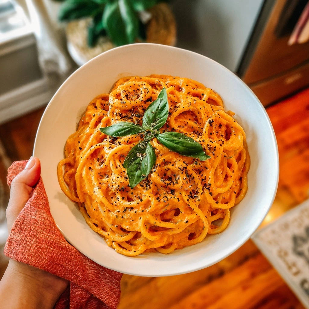 Cremige Tomatenpasta serviert in einer weißen Schüssel, garniert mit frischem Basilikum und schwarzem Pfeffer.