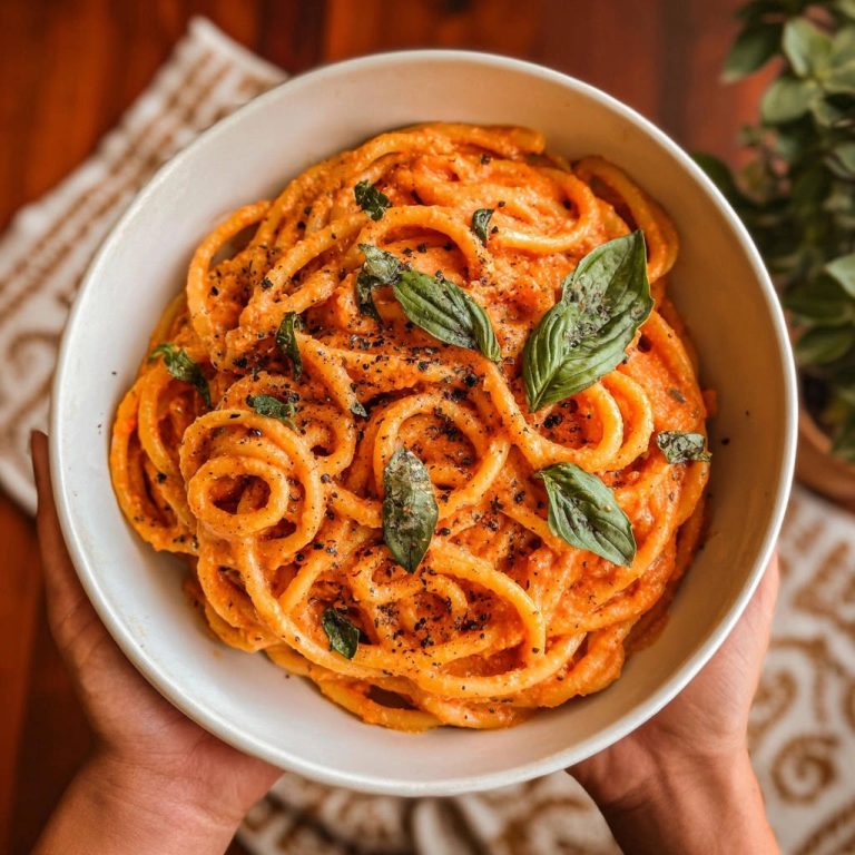 Cremige Tomatenpasta von oben mit frischem Basilikum und schwarzem Pfeffer garniert, serviert in einer weißen Schüssel.