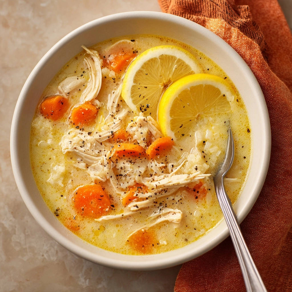 Cremige Zitronen-Hähnchensuppe mit zarten Hähnchenstreifen, Karotten und Zitrone, nahaufnahme.