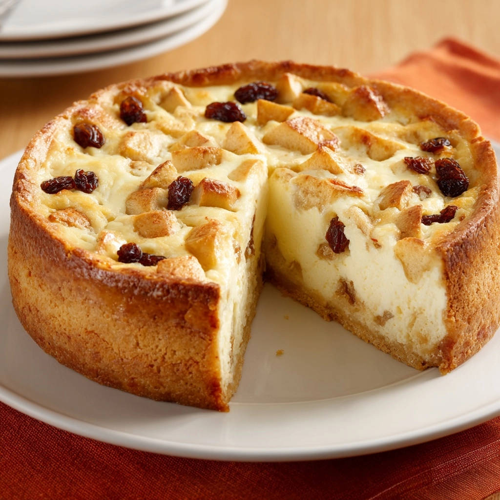 Cremiger Apfel-Rosinen-Käsekuchen angeschnitten auf einem weißen Teller, mit sichtbarem cremigen Inneren und Apfelstücken.