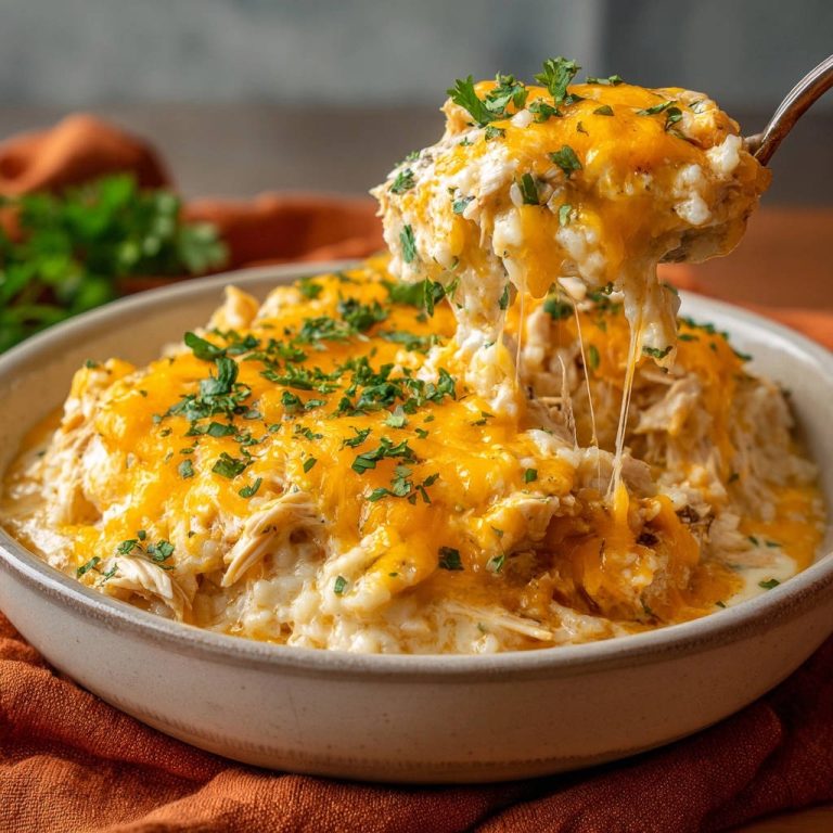 Cremiger Hähnchen-Reis-Auflauf mit geschmolzenem Käse und Petersilie, der von einem Löffel gezogen wird.