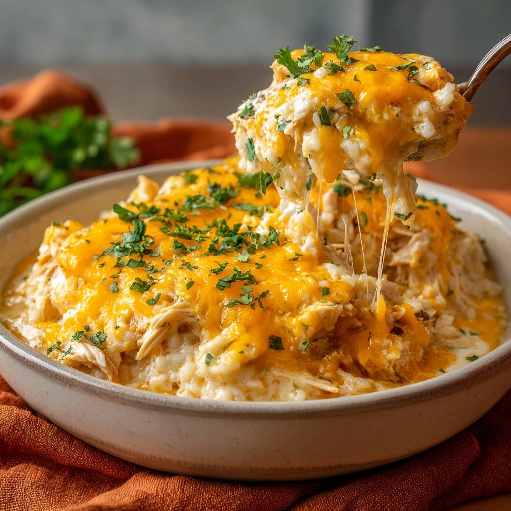 Cremiger Hähnchen-Reis-Auflauf mit geschmolzenem Käse und Petersilie, der von einem Löffel gezogen wird.