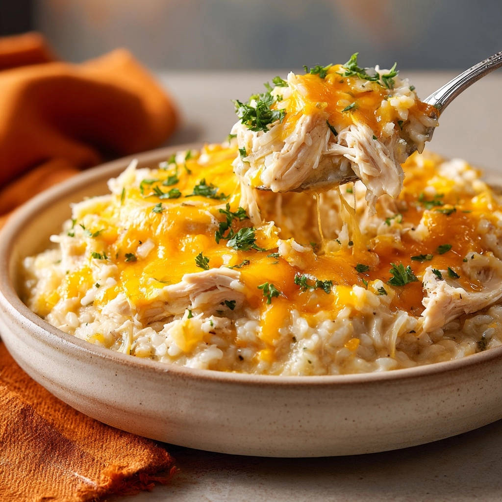 Cremiger Hähnchen-Reis-Auflauf, eine Löffelaufnahme zeigt geschmolzenen Käse und zartes Hähnchenfleisch.