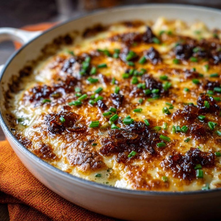 Cremiger Kartoffel-Gratin mit Karamellzwiebeln, garniert mit frischen Schnittlauch-Spitzen und goldbraunen Zwiebeln.