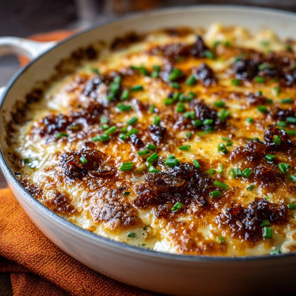 Cremiger Kartoffel-Gratin mit Karamellzwiebeln, garniert mit frischen Schnittlauch-Spitzen und goldbraunen Zwiebeln.