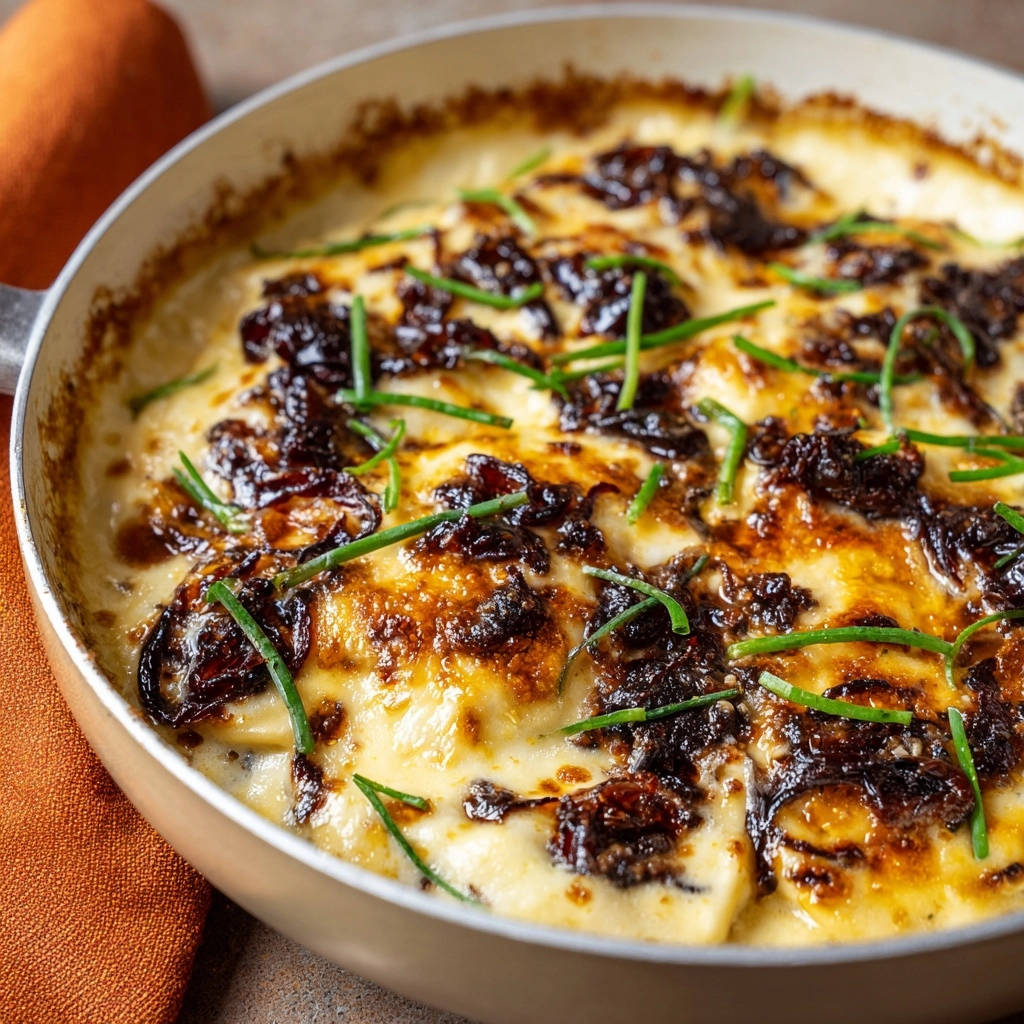 Cremiger Kartoffel-Gratin mit karamellisierten Zwiebeln und frischen Kräutern garniert, Nahaufnahme aus der Pfanne.