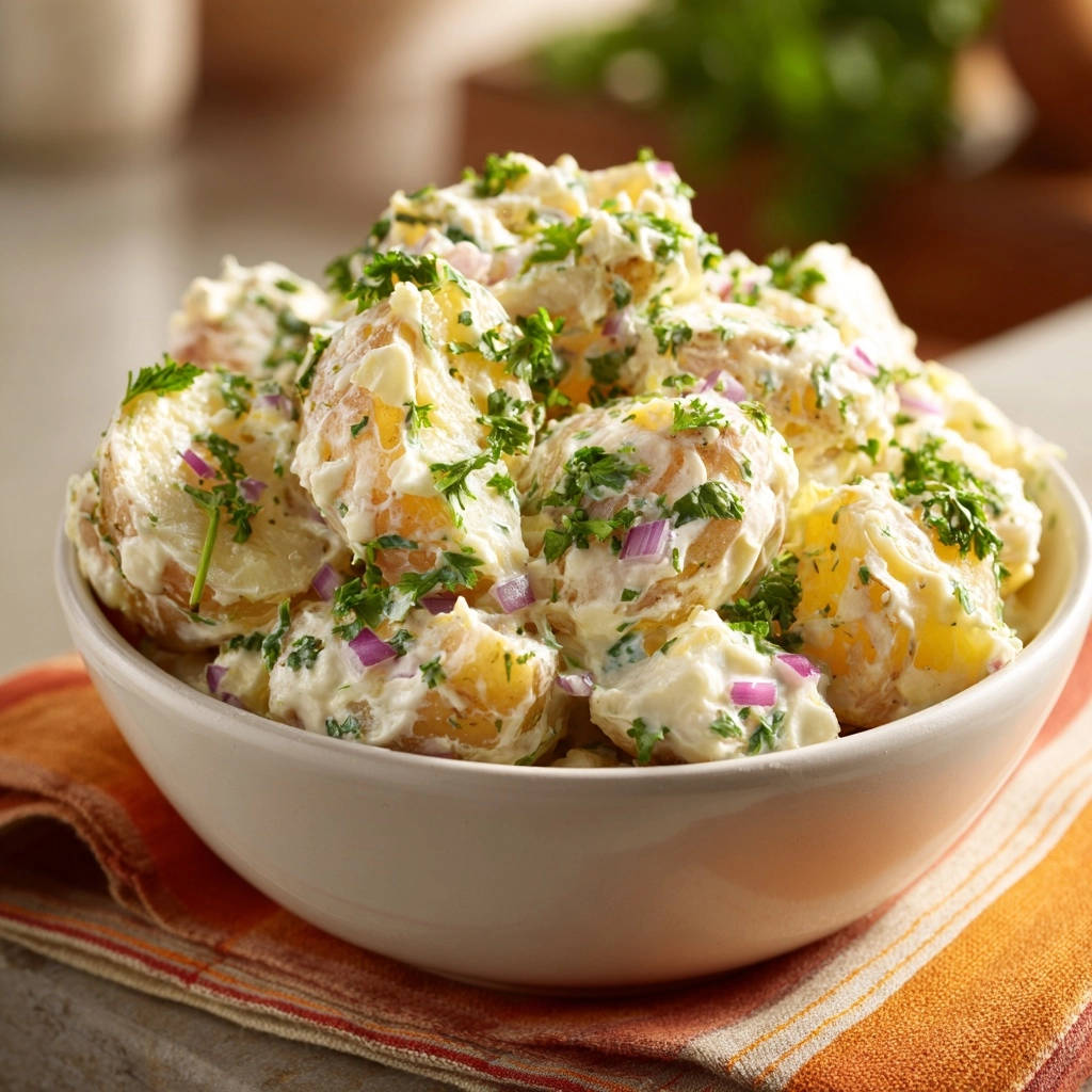Cremiger Kartoffelsalat mit frischer Petersilie und roten Zwiebeln, Nahaufnahme der Garnitur