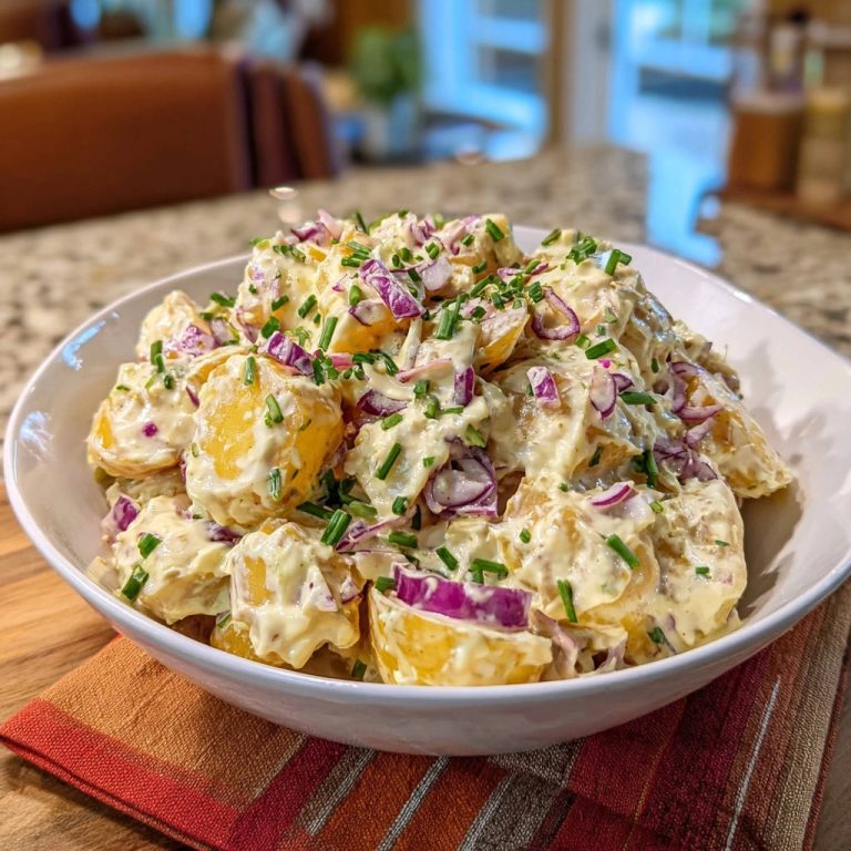 Cremiger Kartoffelsalat nach Omas Art, nahaufnahme mit frischer Petersilie und roten Zwiebeln garniert.