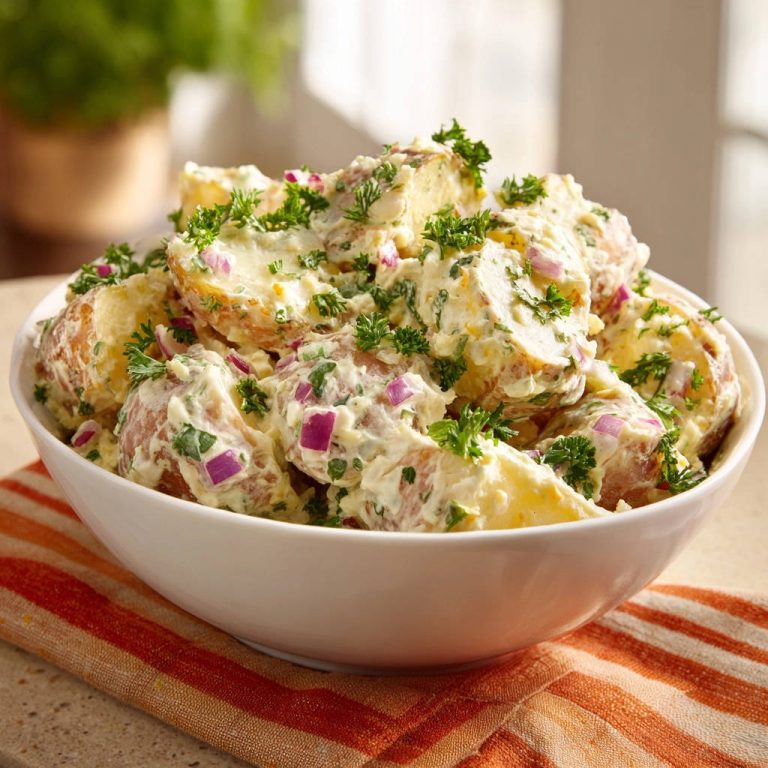 Cremiger Kartoffelsalat in einer weißen Schüssel, garniert mit frischer Petersilie und roten Zwiebeln.