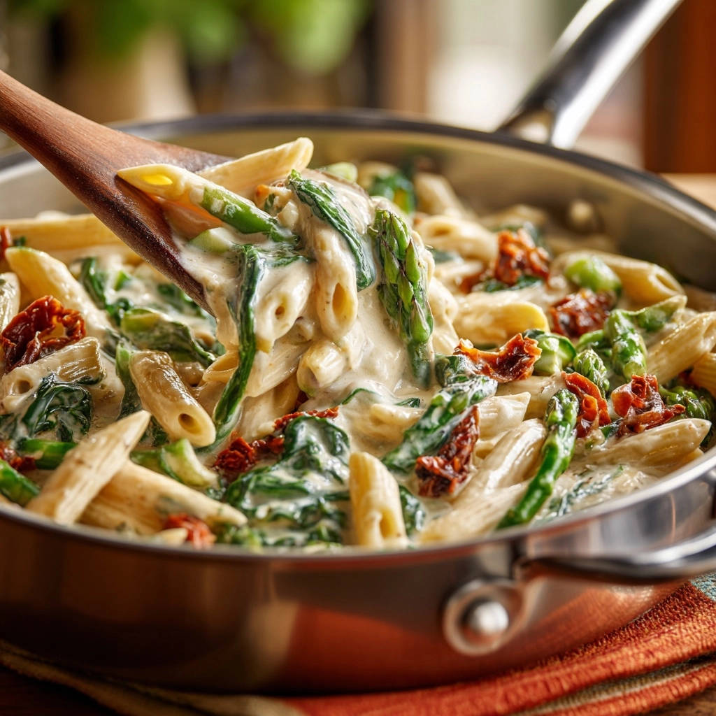 Cremige Spargel-Spinat Pasta mit getrockneten Tomaten, aufgenommen mit einem Löffel, der die cremige Soße und die Zutaten zeigt.
