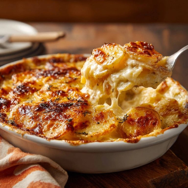 Cremiges Kartoffelgratin wird mit einem Löffel aus der Auflaufform gehoben, wobei der geschmolzene Käse Fäden zieht.