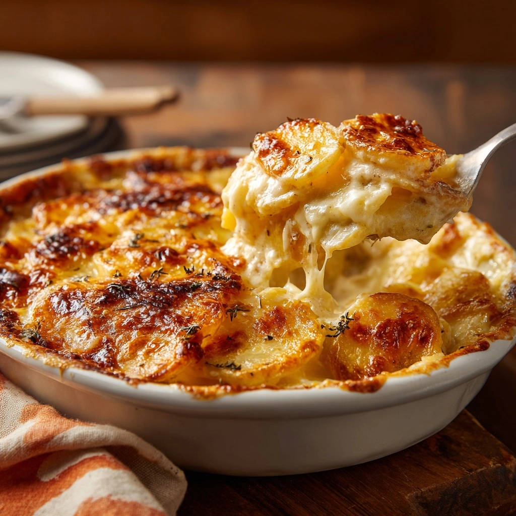 Cremiges Kartoffelgratin wird mit einem Löffel aus der Auflaufform gehoben, wobei der geschmolzene Käse Fäden zieht.