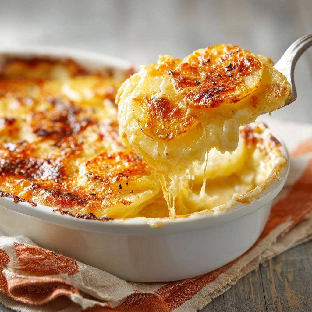 Cremiges Kartoffelgratin mit zartschmelzendem Käse, nahaufnahme einer Portion, die aus der Auflaufform gehoben wird.