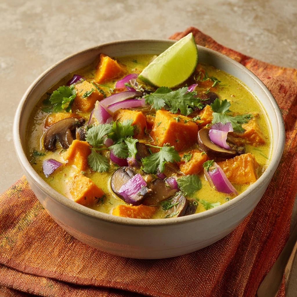 Cremiges Süßkartoffel-Curry mit Pilzen und Spinat, garniert mit Koriander und Limette