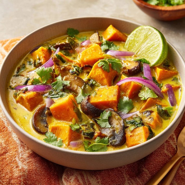 Cremiges Süßkartoffel-Curry mit Pilzen und Spinat, serviert in einer Schüssel mit frischer Limette und Koriander garniert