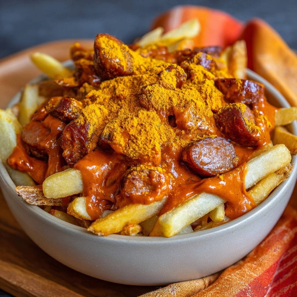 Currywurst Schalen-Glück als Nahaufnahme mit einer herzhaften Fondsauce und Currypulver bestreut.