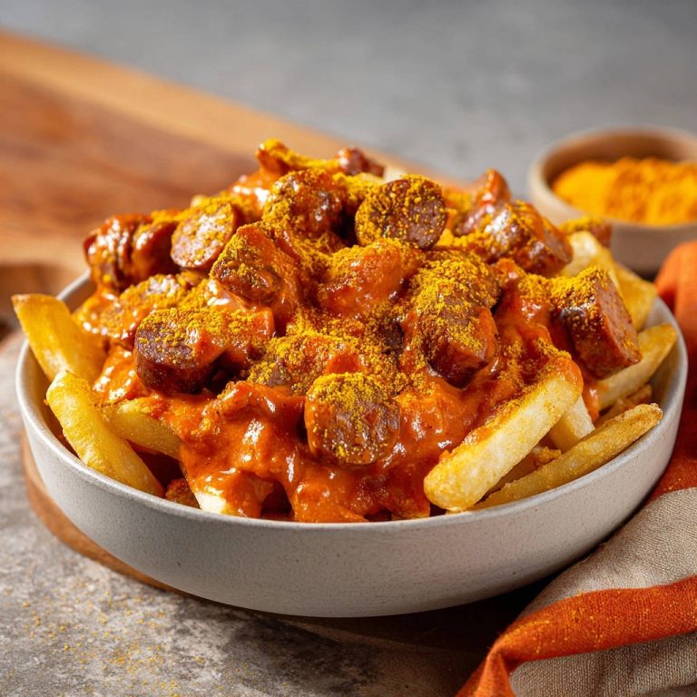 Currywurst Schalen-Glück als Nahaufnahme in einer Schüssel mit Pommes und Currysauce, bestreut mit Currypulver.