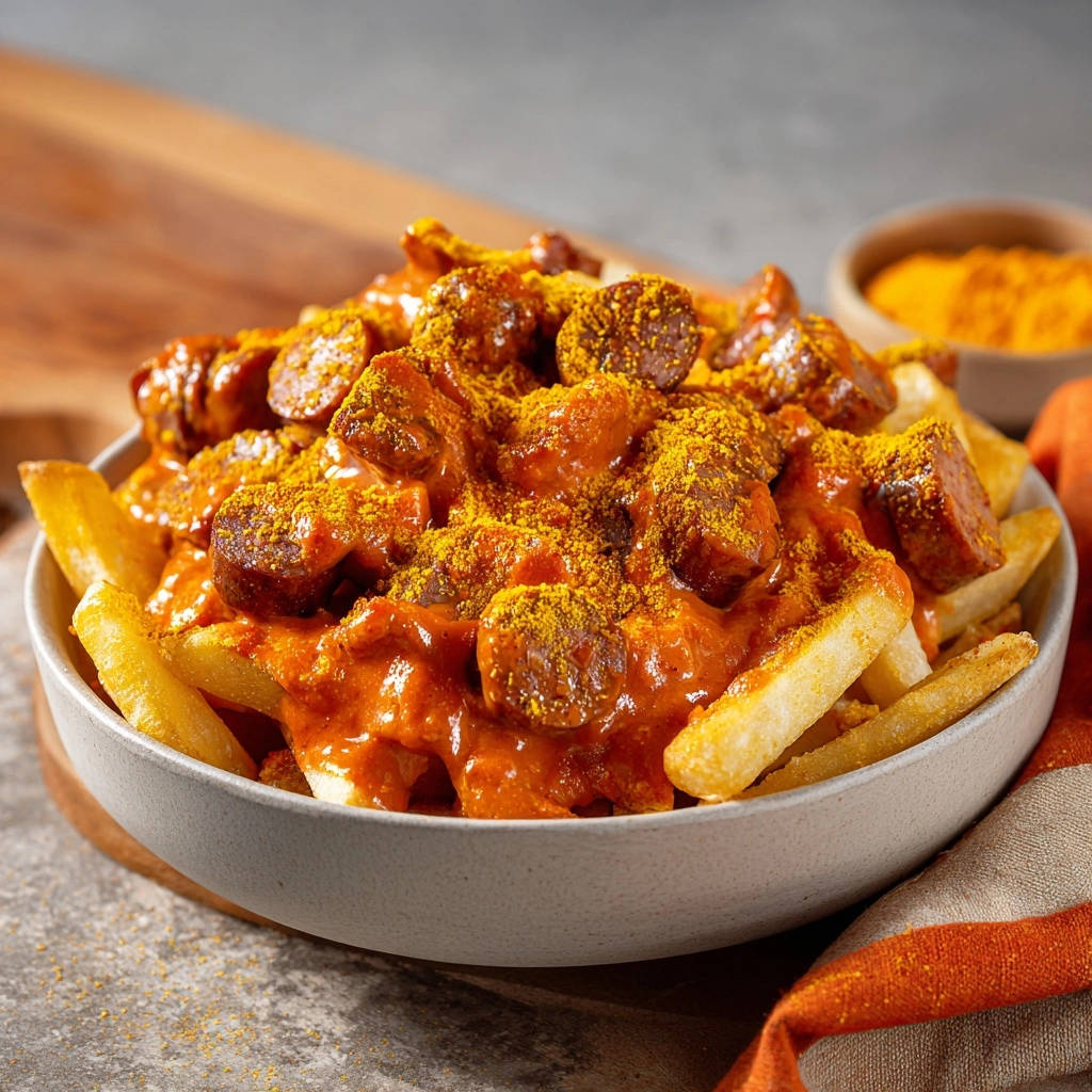 Currywurst Schalen-Glück als Nahaufnahme in einer Schüssel mit Pommes und Currysauce, bestreut mit Currypulver.