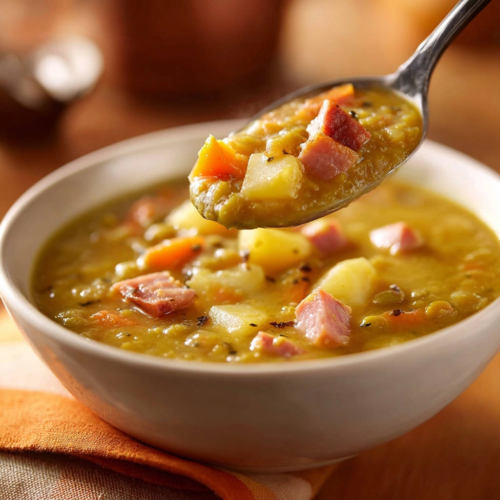 Deftige Erbsen-Schinken-Suppe auf einem Löffel von nah, mit sichtbaren Erbsen, Kartoffeln und Schinkenstücken.
