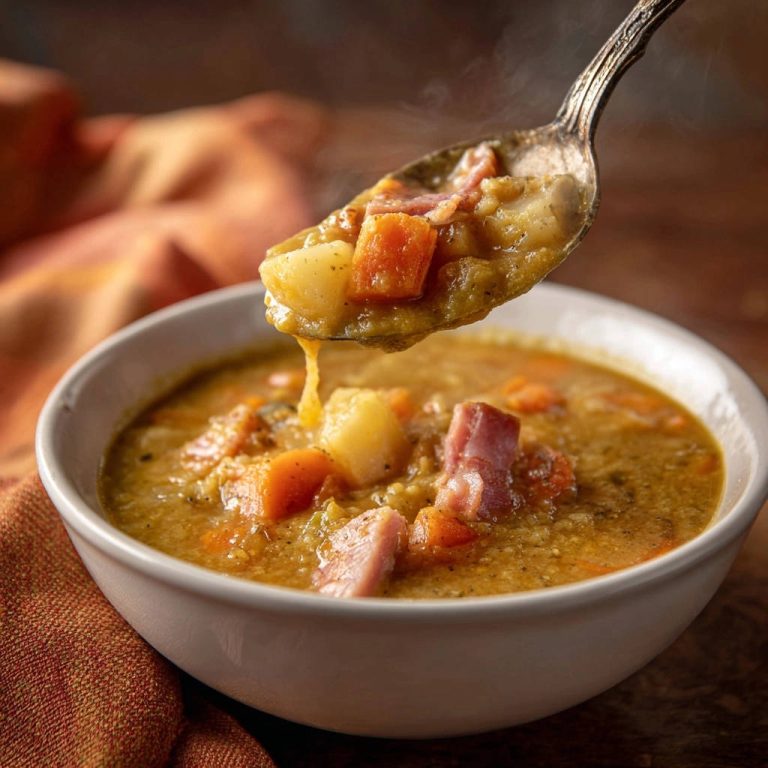 Deftige Erbsen-Schinken-Suppe mit einem Löffel voller Zutaten, dampfend serviert in einer Schüssel.