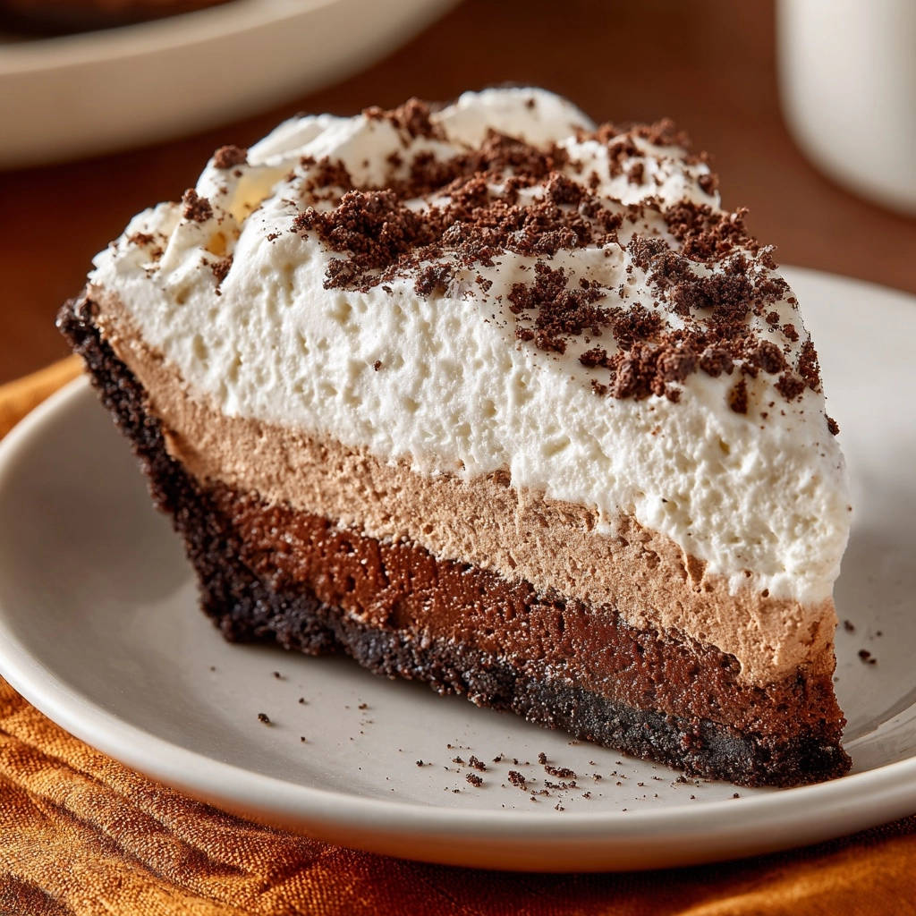 Dreifache Schokotraum-Torte als angeschnittene Portion auf einem Teller, mit drei Schichten Schokoladenmousse und Keksboden.