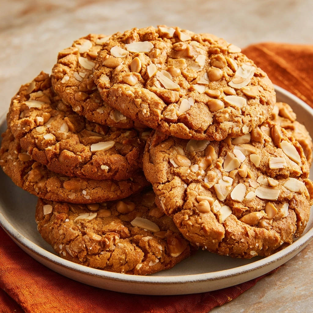 Saftige Erdnussbutter-Cookies, nahaufnahme mit ganzen und gehackten Erdnüssen auf der Oberfläche, auf einem Teller gestapelt.