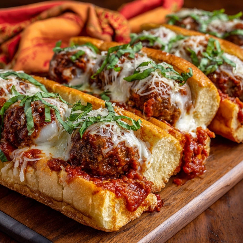Herzhafte Fleischbällchen-Sub-Sandwiches mit geschmolzenem Käse und Basilikum, nahaufnahme auf einem Holzbrett.