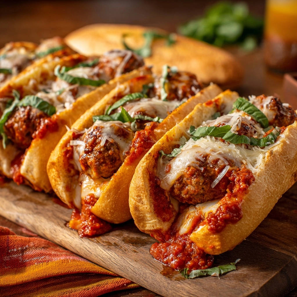 Herzhafte Fleischbällchen-Sub-Sandwiches mit geschmolzenem Käse und Tomatensauce, Nahaufnahme auf einem Holzbrett.