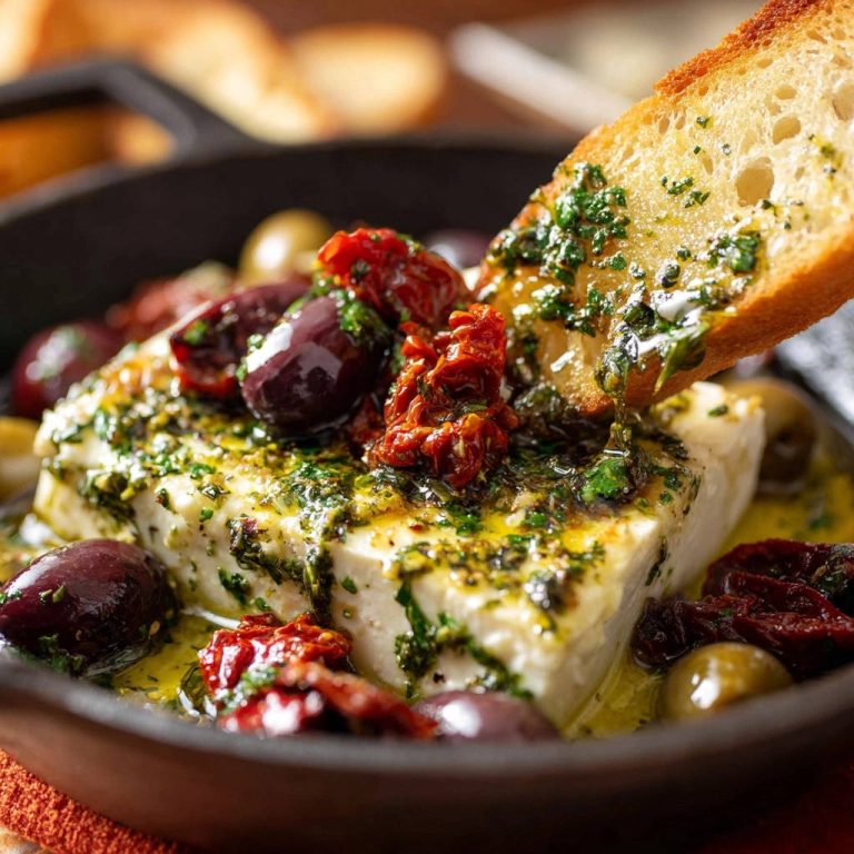 Gebackener Feta mit mediterranen Aromen, der mit einem Stück Brot in den cremigen Käse getaucht wird.
