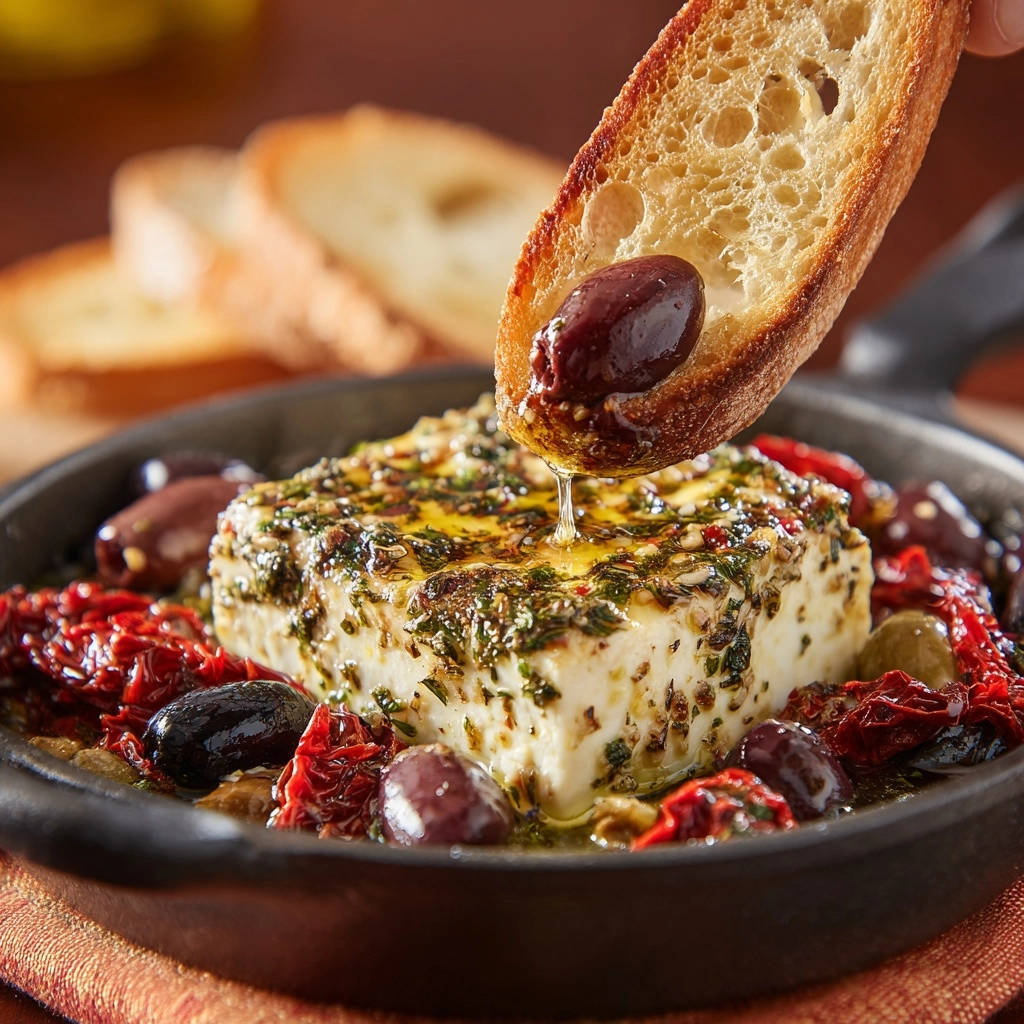 Gebackener Feta mit mediterranen Aromen, wie ein Stück Brot mit Olive und Käse in Öl getunkt wird.