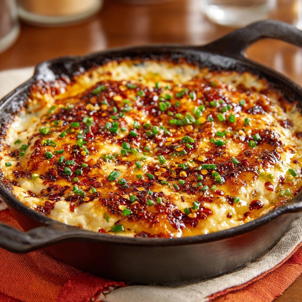 Gebackener Käse-Chili-Dip mit einer Nahaufnahme der mit Chili und Schnittlauch garnierten Oberfläche.