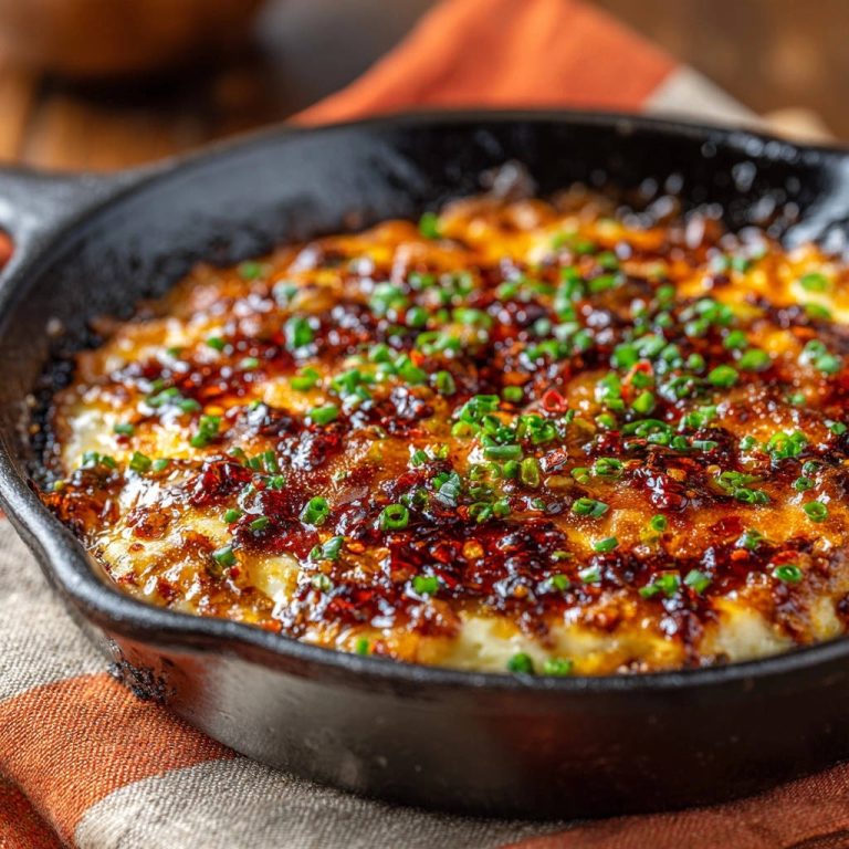 Gebackener Käse-Chili-Dip im gusseisernen Pfännchen, garniert mit frischen Chilis und Frühlingszwiebeln.