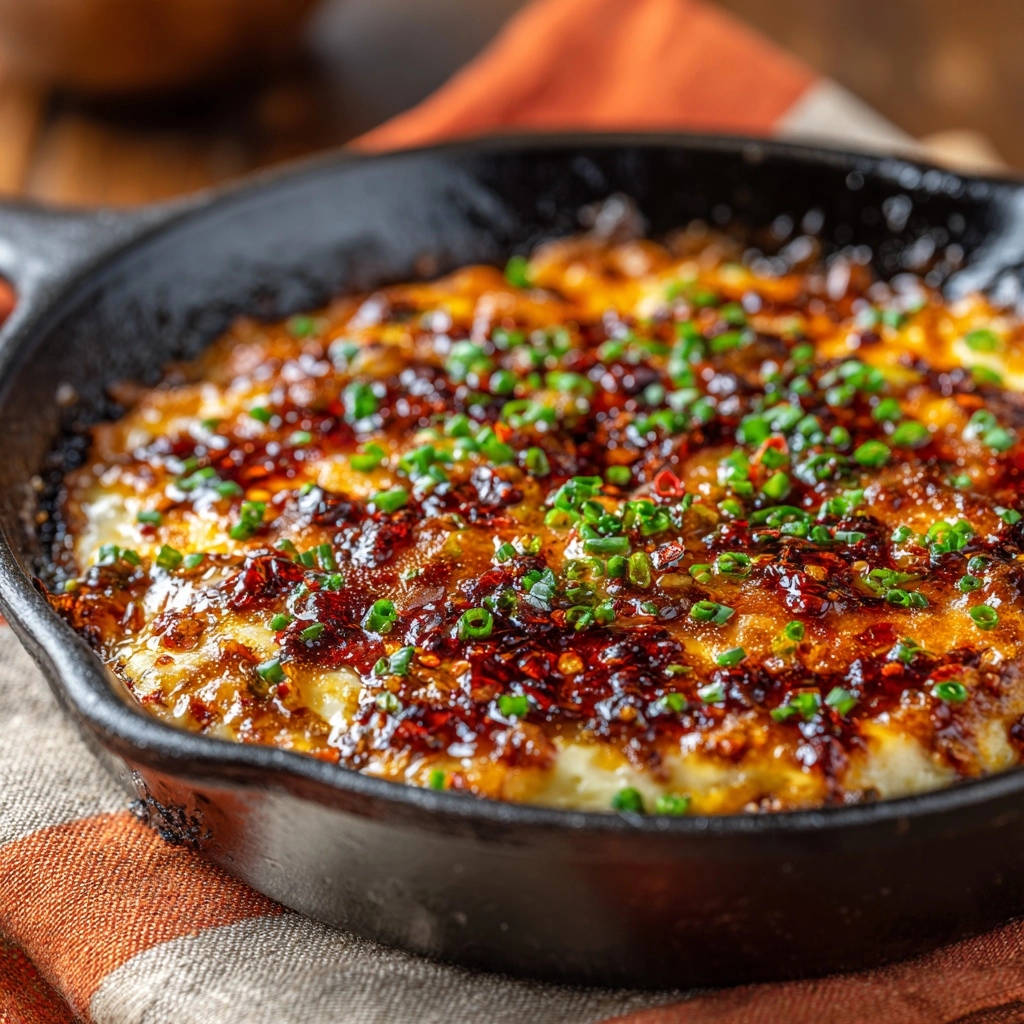 Gebackener Käse-Chili-Dip im gusseisernen Pfännchen, garniert mit frischen Chilis und Frühlingszwiebeln.