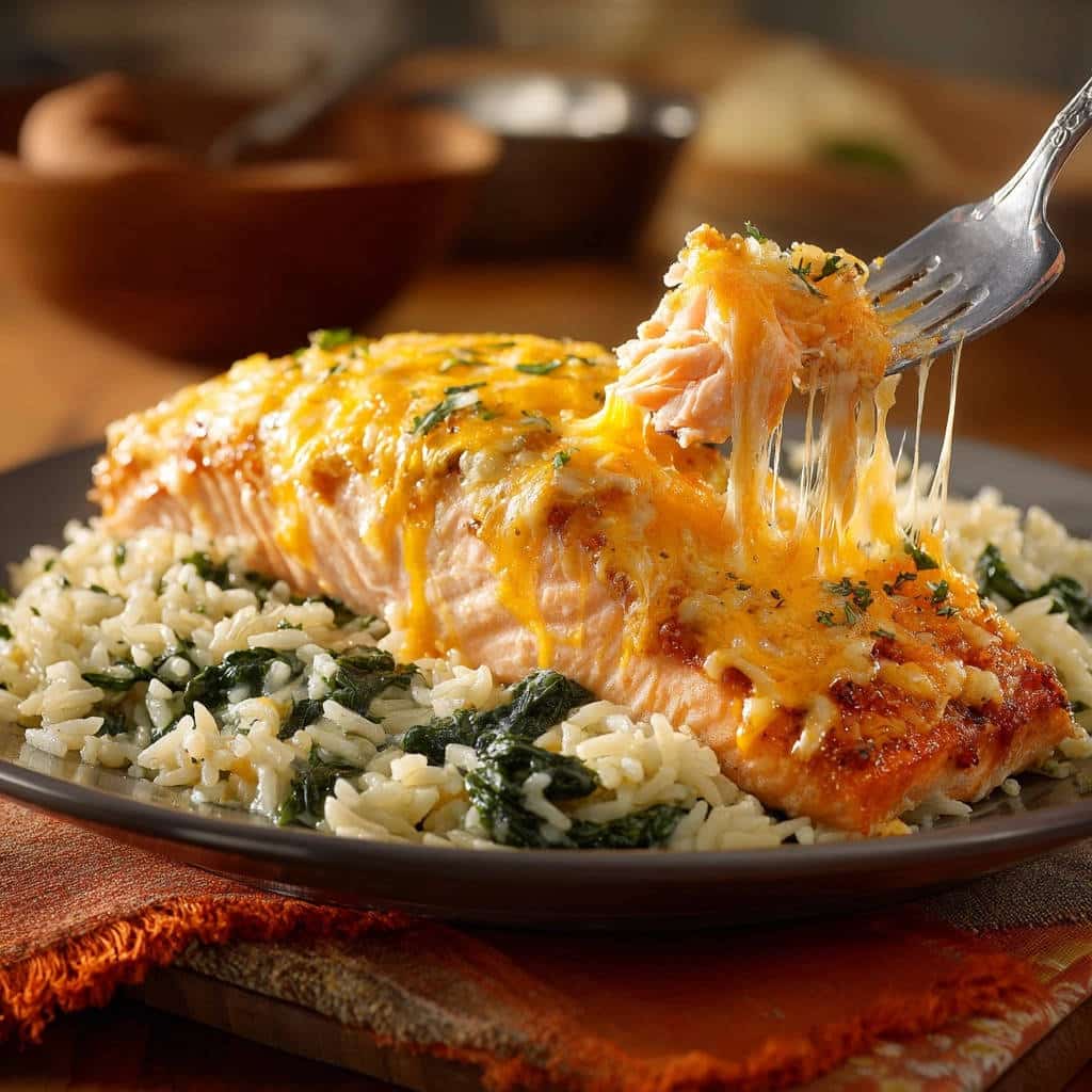 Gebackenes Lachsfilet mit Käsekruste, das durch einen Gabelbiss zart auseinandergezogen wird.