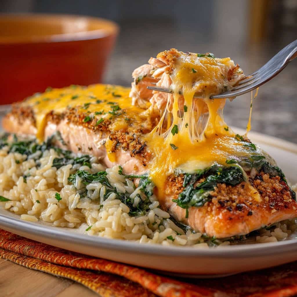 Gebackenes Lachsfilet mit Käsekruste auf Reis, mit einem Stück Käse, das mit einer Gabel herausgezogen wird.