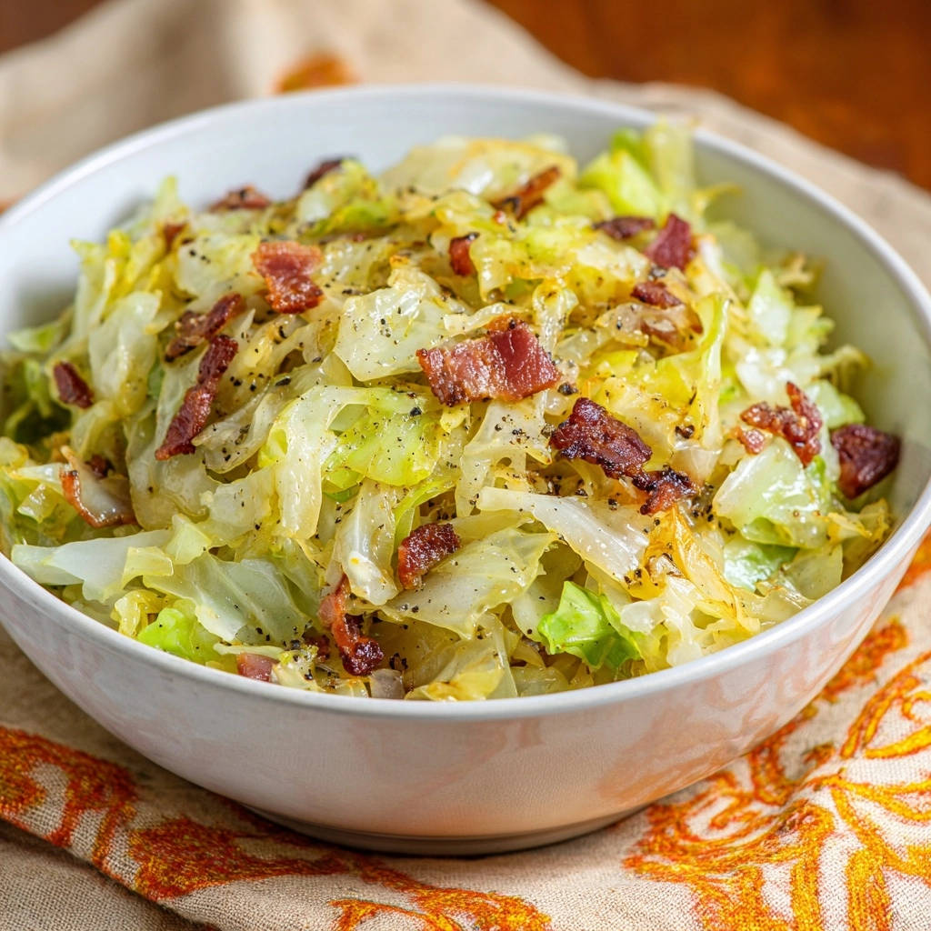 Gebratener Weißkohl mit knusprigem Bacon als Nahaufnahme in einer weißen Schüssel auf einem gemusterten Tuch.