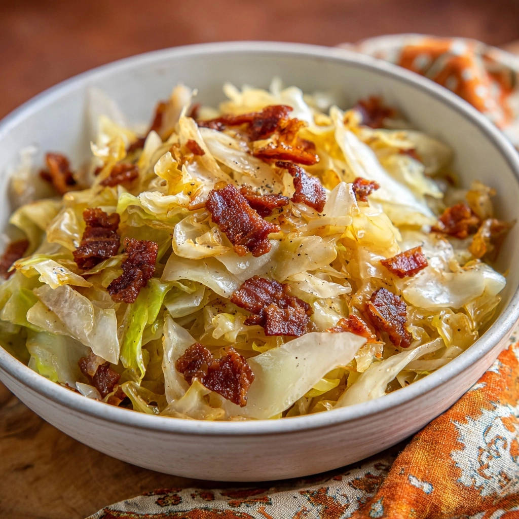 Gebratener Weißkohl mit knusprigem Bacon als Nahaufnahme, serviert in einer Schüssel mit einem Tupfer Speck.
