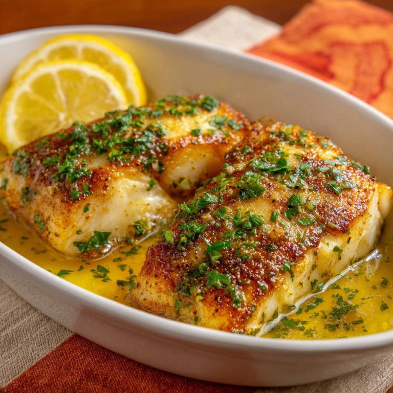 Gebratenes Kabeljaufilet mit Zitronen-Kräuter-Butter, nahaufnahme der saftigen Fischfilets in Butter und garniert mit Petersilie.