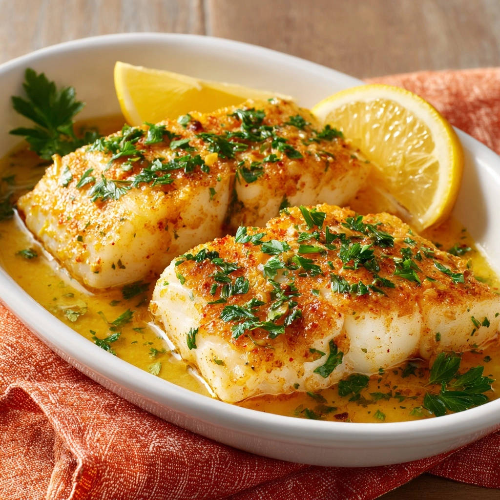 Gebratenes Kabeljaufilet mit Zitronen-Kräuter-Butter, serviert in einer Schüssel mit Zitronenspalten und garniert mit frischer Petersilie.
