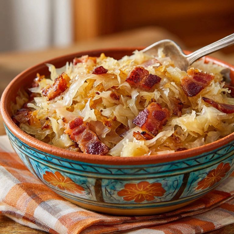 Gebratenes Kraut mit krossem Bacon in einer bunten Schüssel, im Fokus die Textur und die Speckstücke.