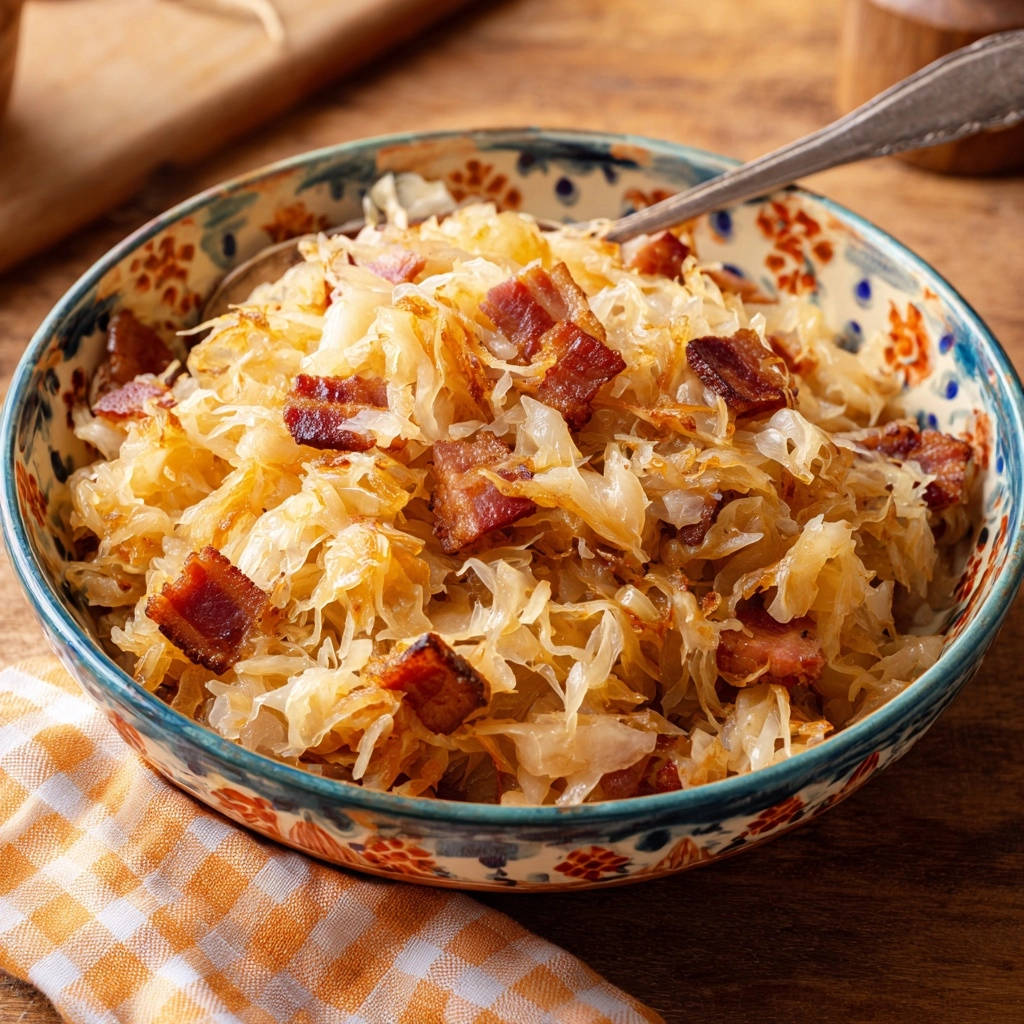 Gebratenes Kraut mit krossem Bacon in einer detailreich verzierten Schüssel, nahaufnahme des knusprigen Specks auf dem Kohl.