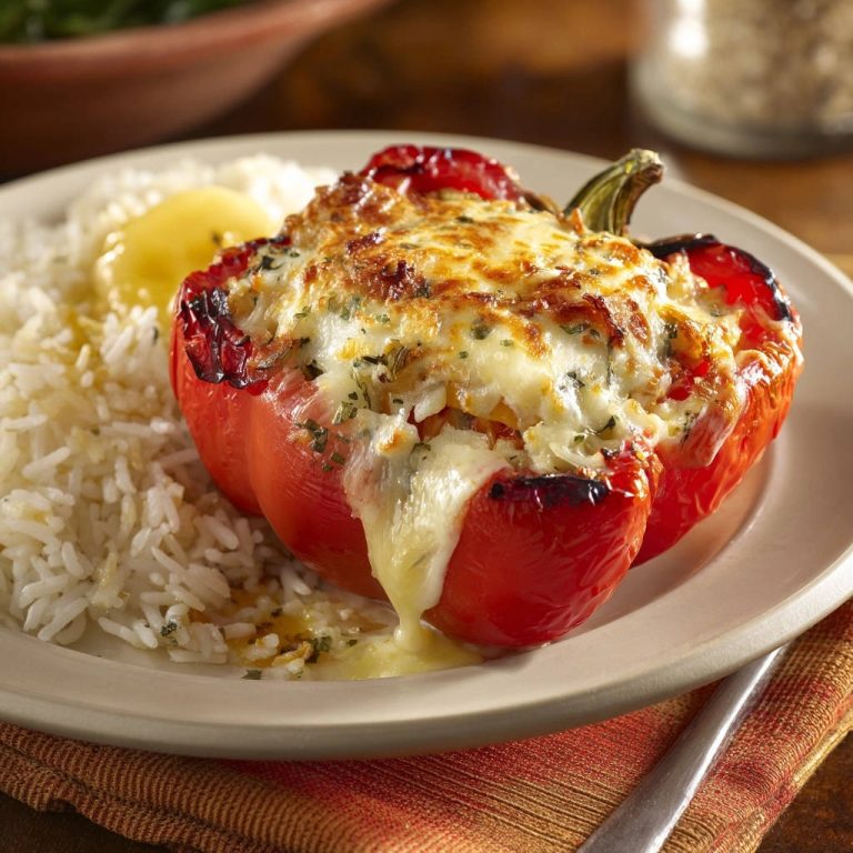 Saftige gefüllte Paprika mit Reis, übergossen mit geschmolzenem Käse, auf einem Teller serviert.