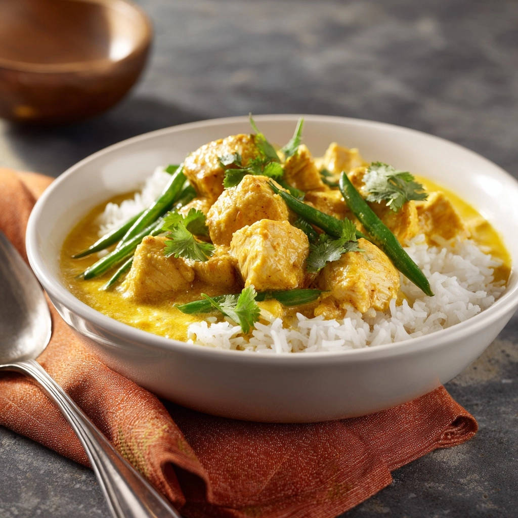 Gelbes Hähnchen-Curry mit Kokosmilch, serviert mit Reis und garniert mit frischen Kräutern und grünen Bohnen.