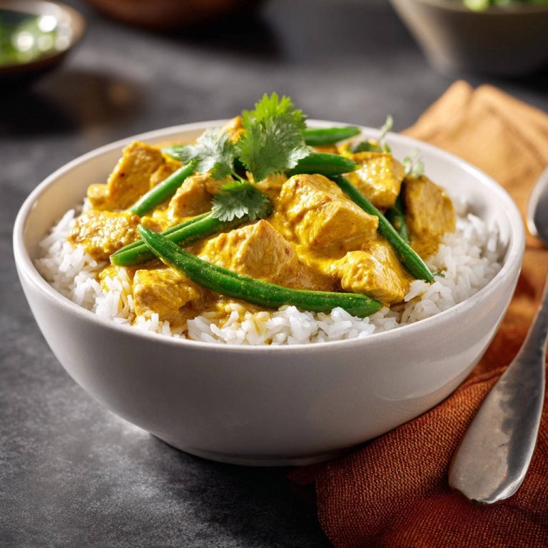 Gelbes Hähnchen-Curry mit Kokosmilch, serviert mit Reis und garniert mit frischem Koriander und grünen Bohnen.